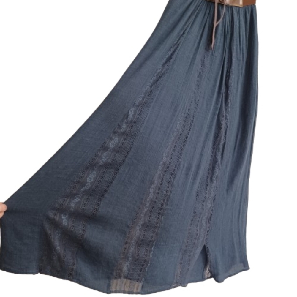 Altar'd State Boho Navy Blue Peasant Maxi Skirt with Attached Brown Corset Belt - Picture 3 of 7